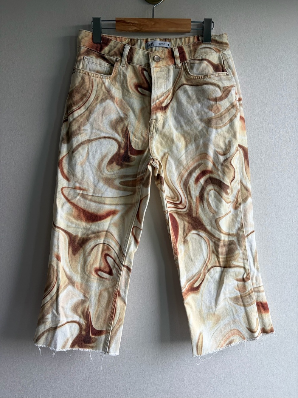 Zara Cream Straight-Leg Jeans with Brown Swirl Print